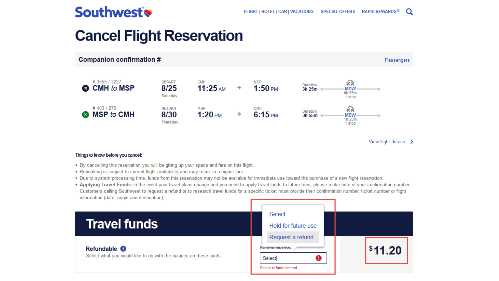Cancel Southwest Airlines Flight Ticket